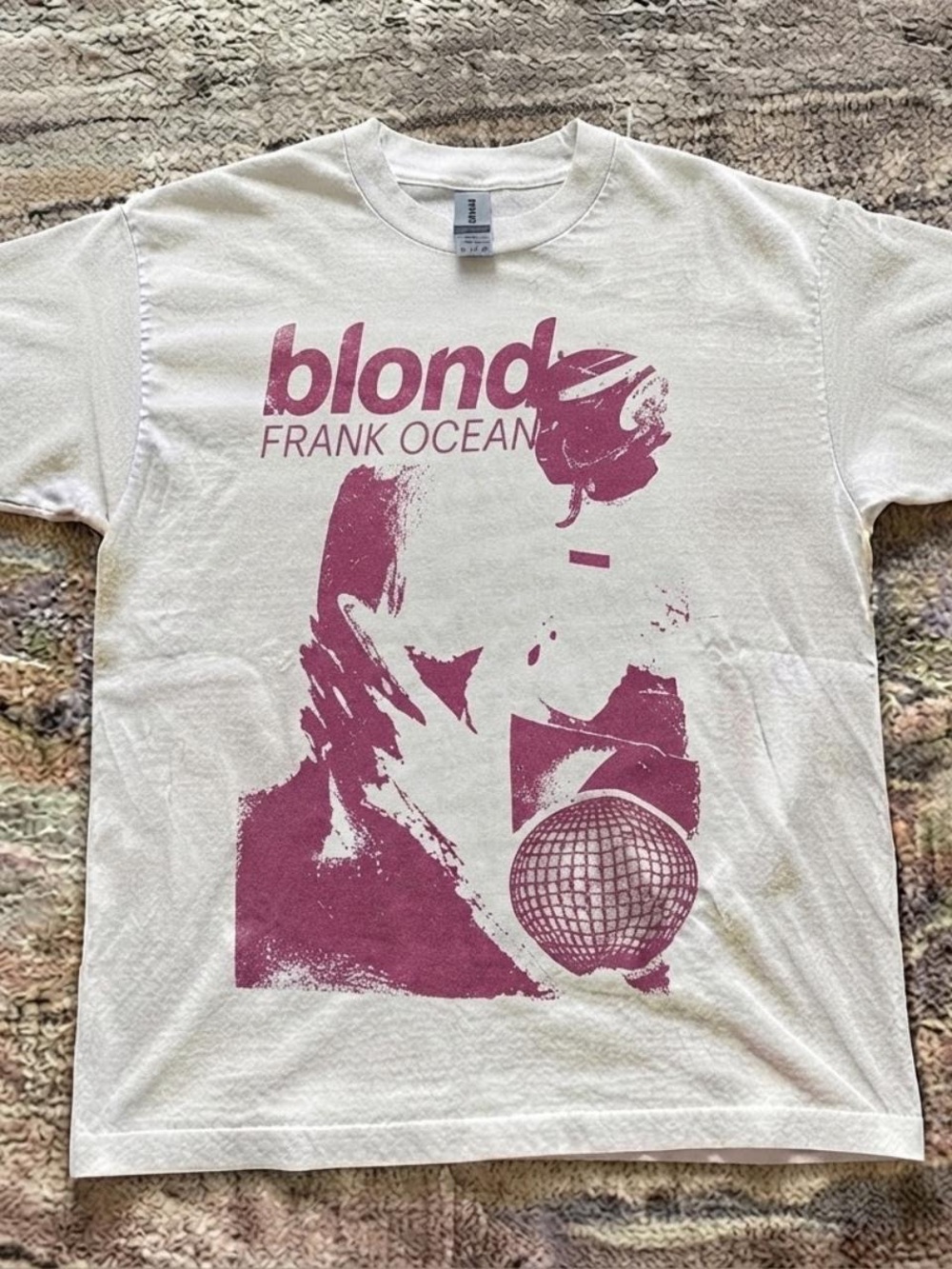 Gildan Cream Short Sleeve Tee with Pink 'blond' Frank Ocean Print